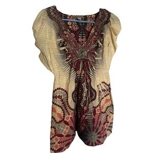 Energie Cream and Red Graphic Flutter Blouse